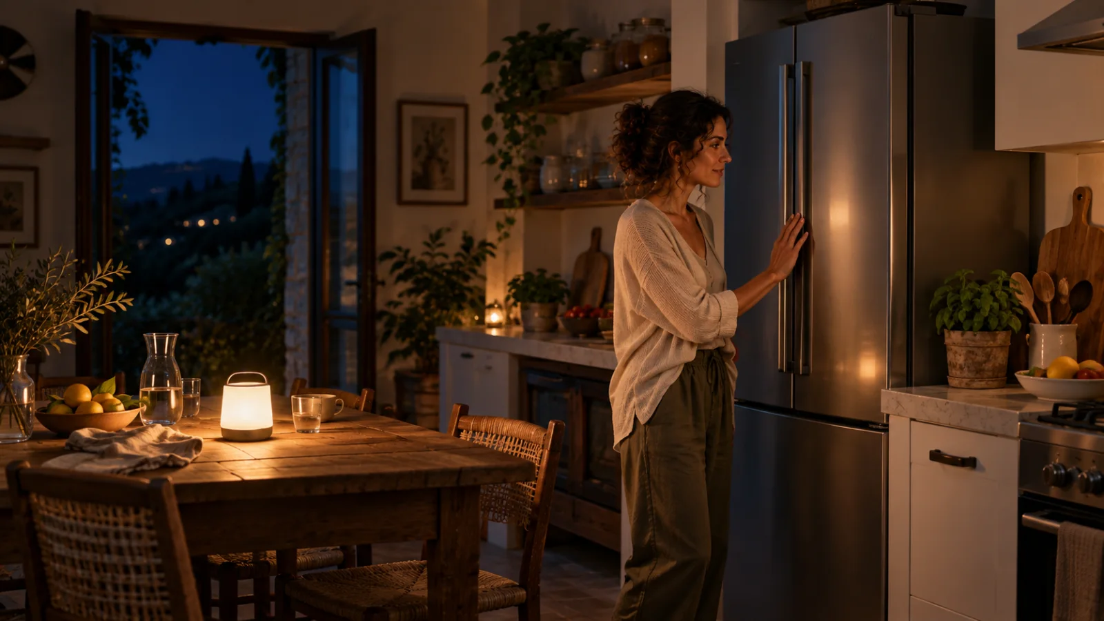 Una donna accanto al frigorifero in una cucina illuminata da una lampada durante un blackout.