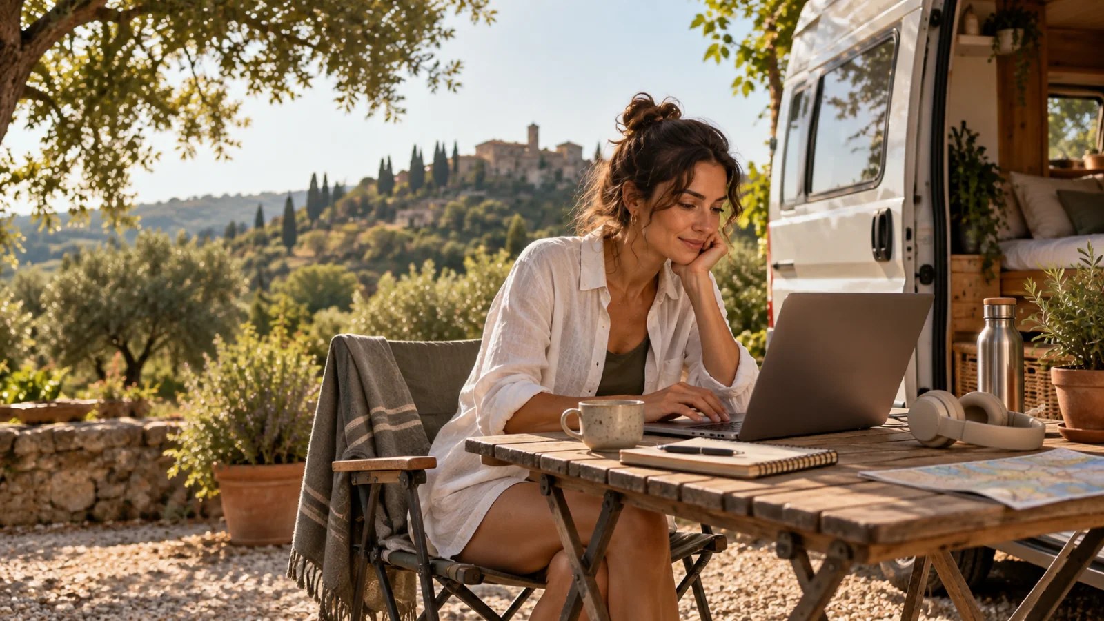 Una persona lavora al computer portatile all’aperto accanto a un camper.