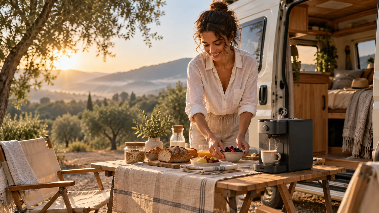 Una pausa caffè all’aperto durante un viaggio in camper