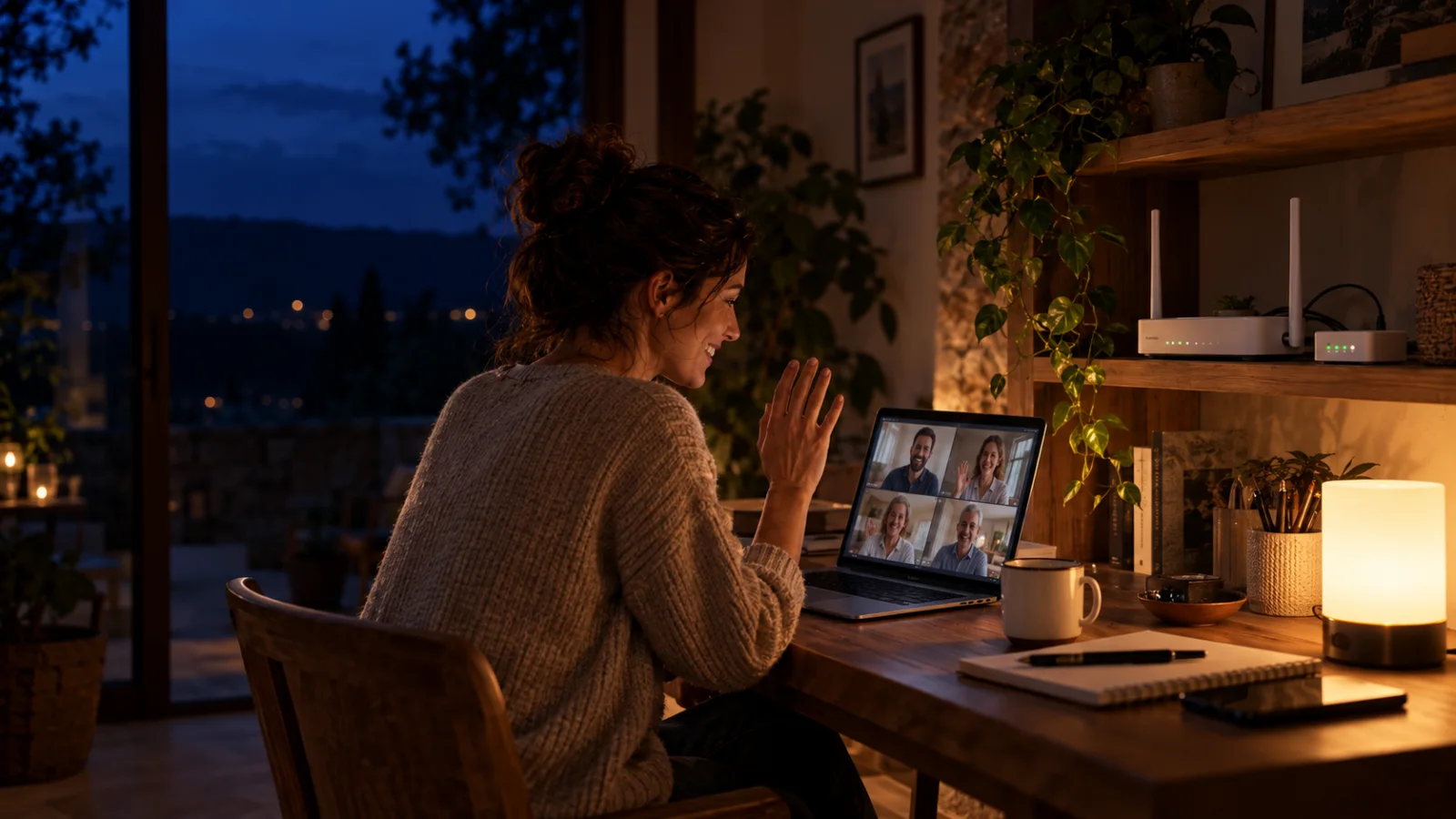 Una persona partecipa a una videochiamata mentre router e modem restano accesi durante un blackout.