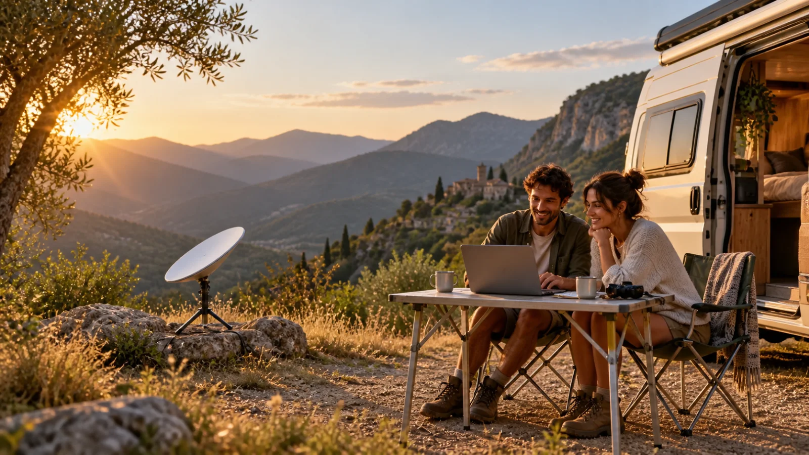 Due persone usano un computer accanto a un camper e a un’antenna satellitare in montagna.